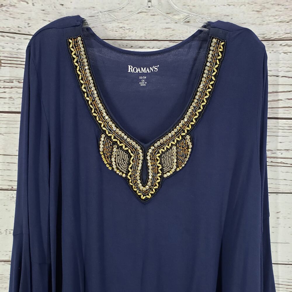 ROAMAN'S Women's Navy Blue Beaded Front Bell Sleeve Top Blouse Size 1X - Picture 4 of 12